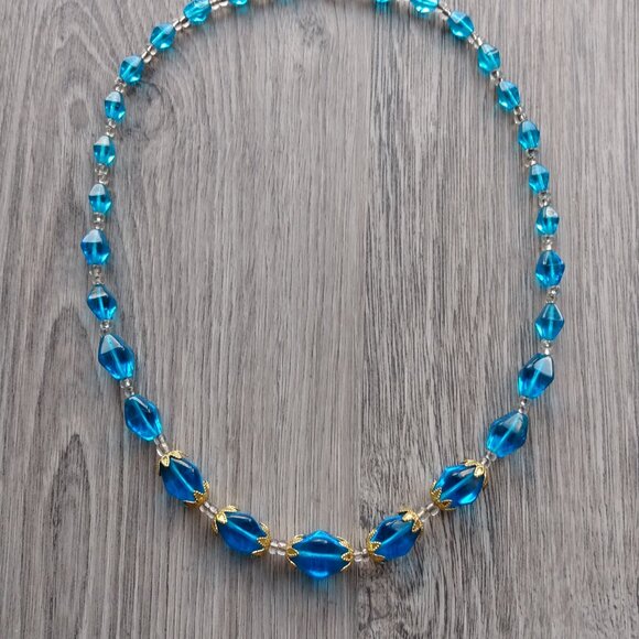 Vintage Blue Glass Beaded Necklace Made in Czechoslovakia Gold Tone Bead Caps - Picture 3 of 12